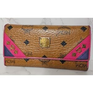 MCM Cognac Multicolor Visetos Leather Long Trifold Wallet - GUC